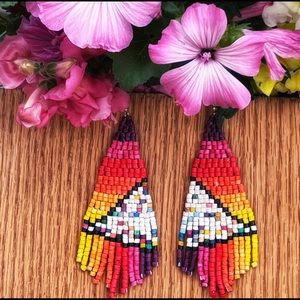 Boho Hand Painted Clay Bead Beaded Fringe Dangle Art Earrings orange pink